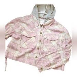 Aeropostale cropped pink and white flannel with grey hood.